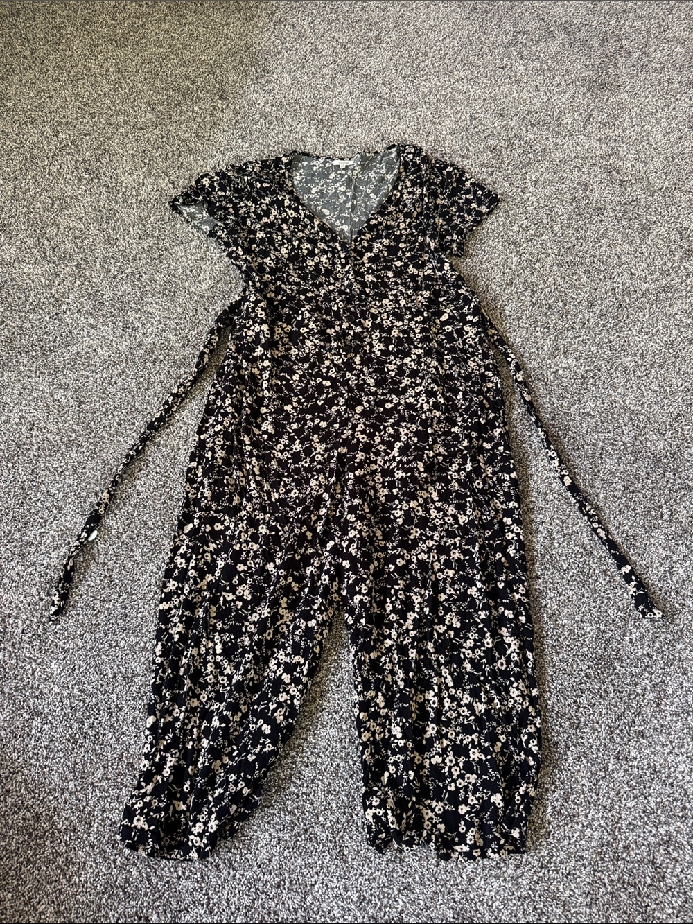 Maurices Black and Cream Floral Wrap Jumpsuit